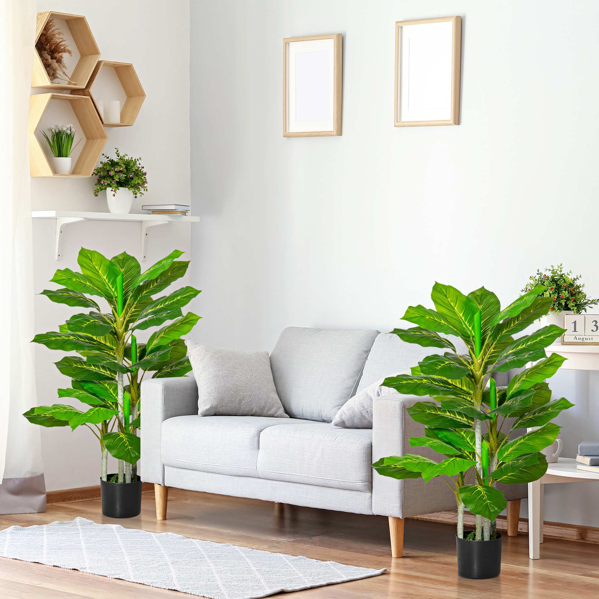 Conjunto de 2 Plantas Artificiales 95 cm Árboles Artificiales con 33 Hojas y Maceta para Interior y Exterior Decoración Salón Oficina Verde