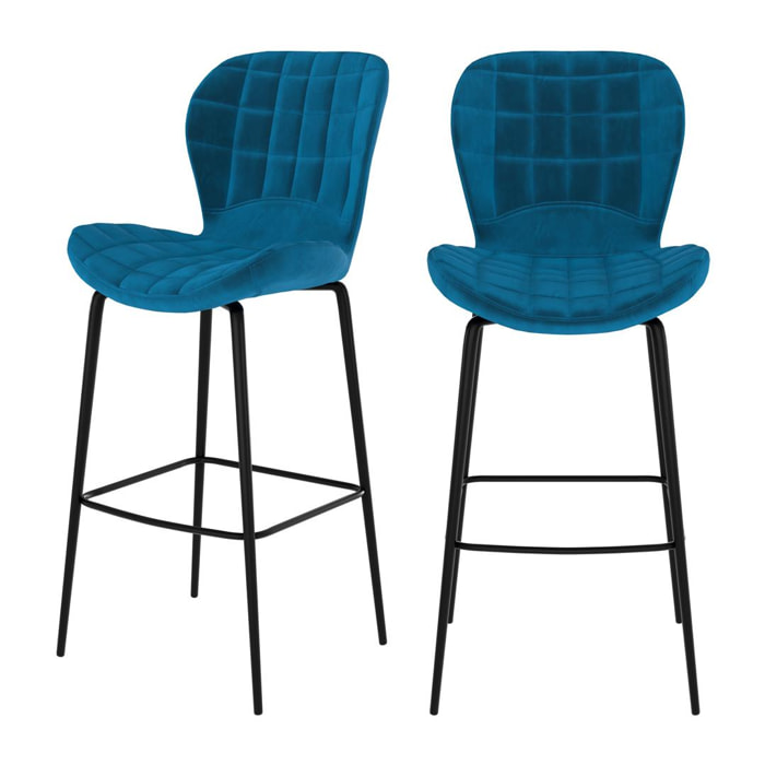 Chaise de bar Mazzia en velours bleu 75 cm (lot de 2)