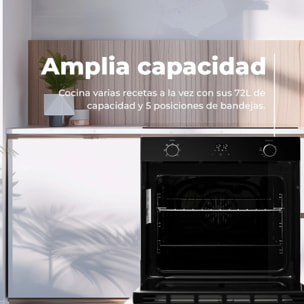 EVVO Horno integrable H20, 77L, clase A, 7 programas, display digital, temporizador, mando selector, puerta triple cristal, negro.
