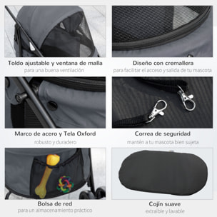 Cochecito para Mascotas Plegable Carrito para Perros y Gatos con Ventanas de Malla Cojín Lavable Correas de Seguridad Cubierta de Tela Oxford y Marco de Acero 82x47x97 cm Gris