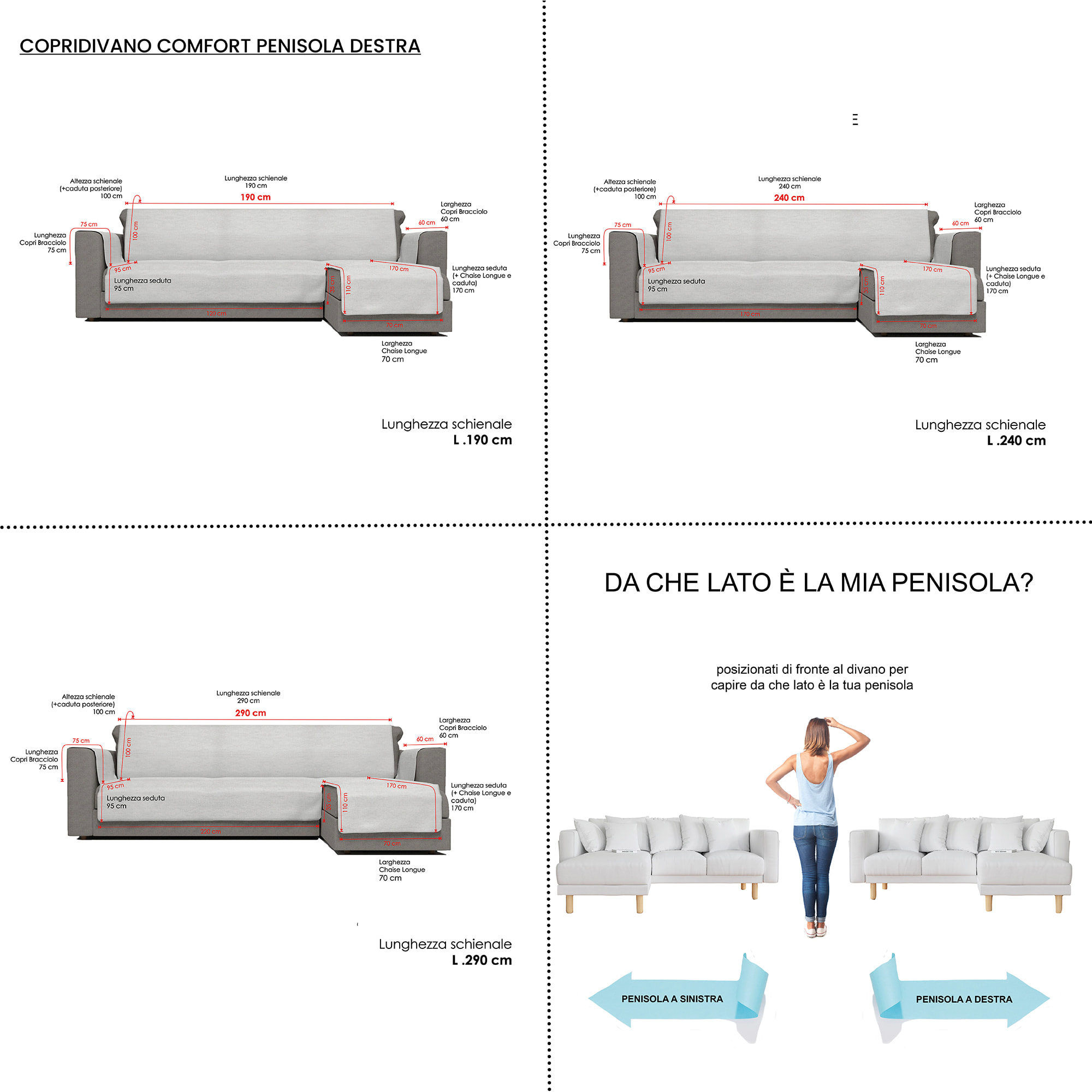 COPRIDIVANO PENISOLA DESTRA COMFORT, Antiscivolo, Cotone+Microfibra+Fibre Varie, Made in Italy - PANNA