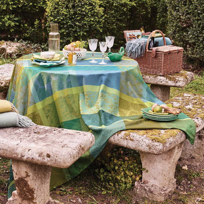 Nappe pur coton enduit motif jacquard vert Mille petales chlorophylle