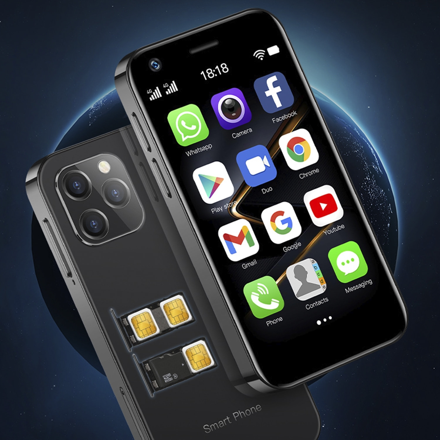 DAM Smartphone  Mini XS12 4G, Android, 2GB RAM + 16GB. Schermo da 3''. Doppia scheda SIM. 4,5x1,1x8,9 cm. Colore: blu scuro