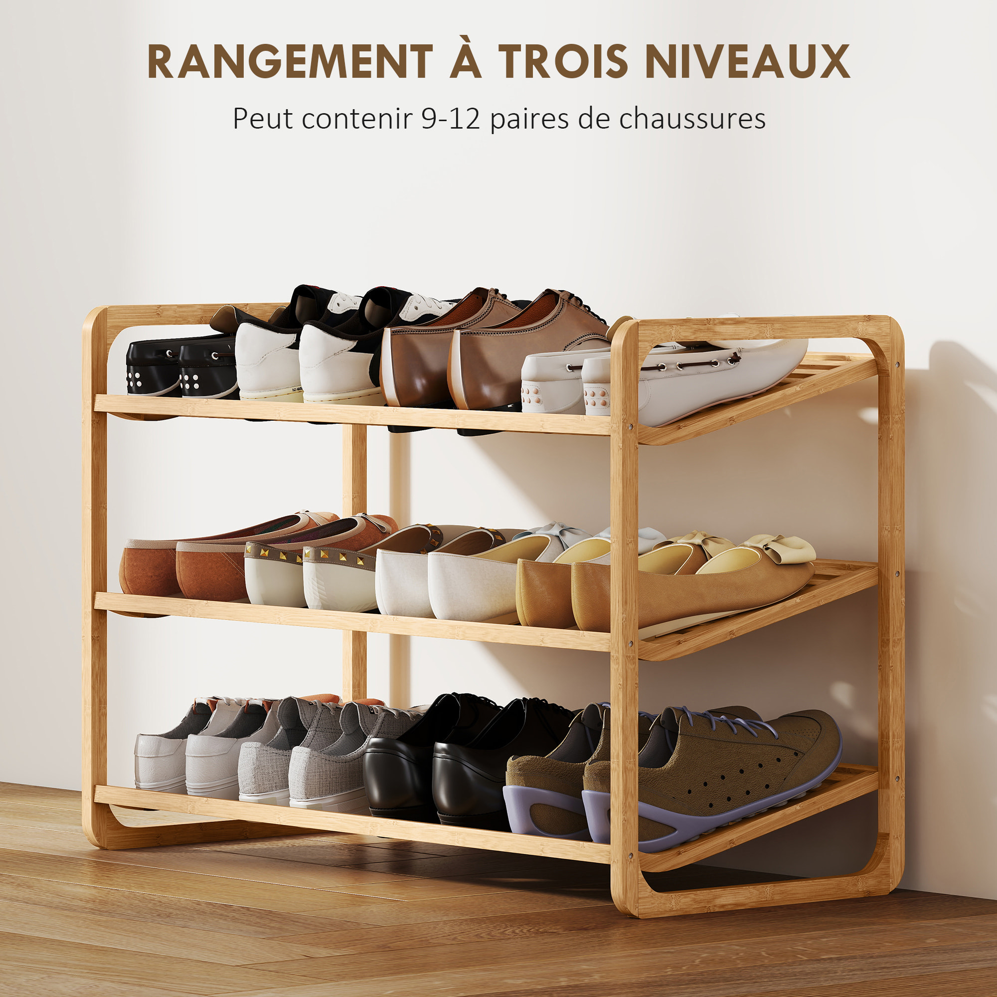 Étagère bambou style naturel - étagère à chaussures 3 niveaux - dim. 76 x 33 x 50 cm