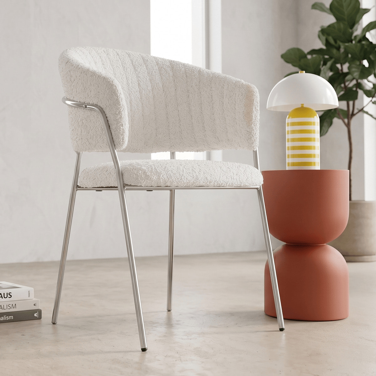 Lot de 2 chaises en tissu bouclé, piètement chromé - ISYA
