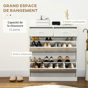 Armoire meuble à chaussures multi-rangement 2 abattants double niveau 2 tiroirs blanc
