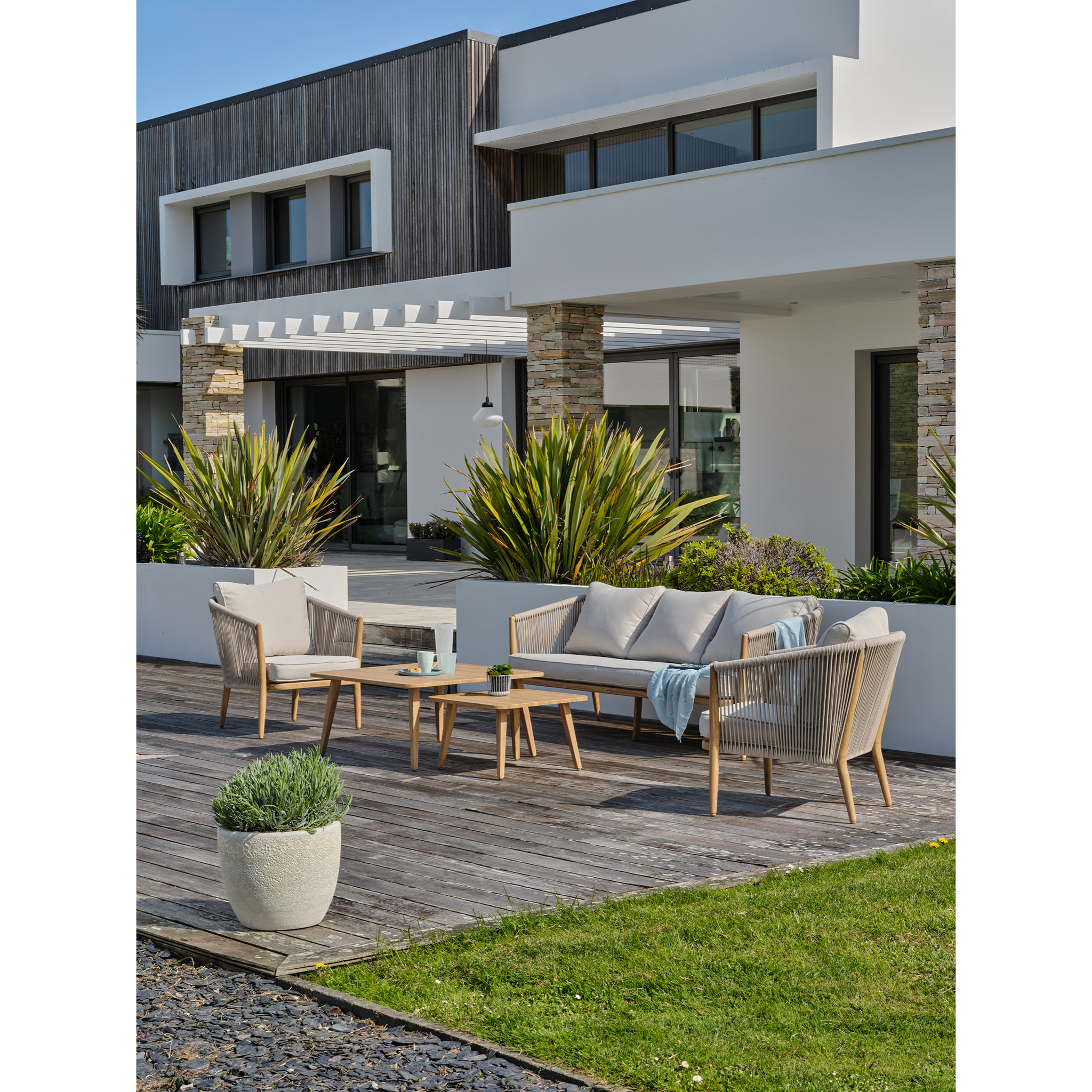 IBARRA - Salon bas de jardin 5 pl en aluminium imitation bois et corde tissée