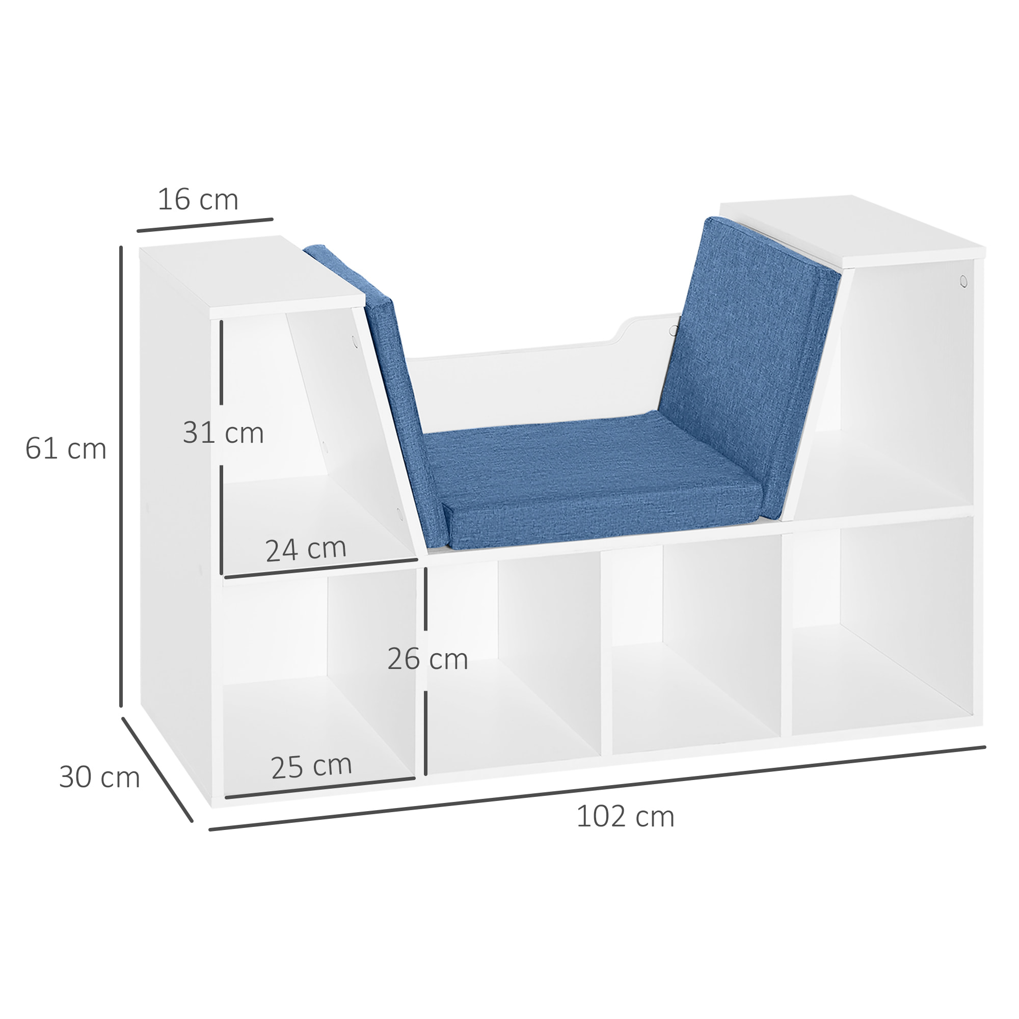 Librería con Asiento Estantería de Libros con 6 Cubos Zapatero con Banco con Cojín Multiusos para Sala de Estar Oficina Dormitorio 102x30x61cm Blanco y Azul
