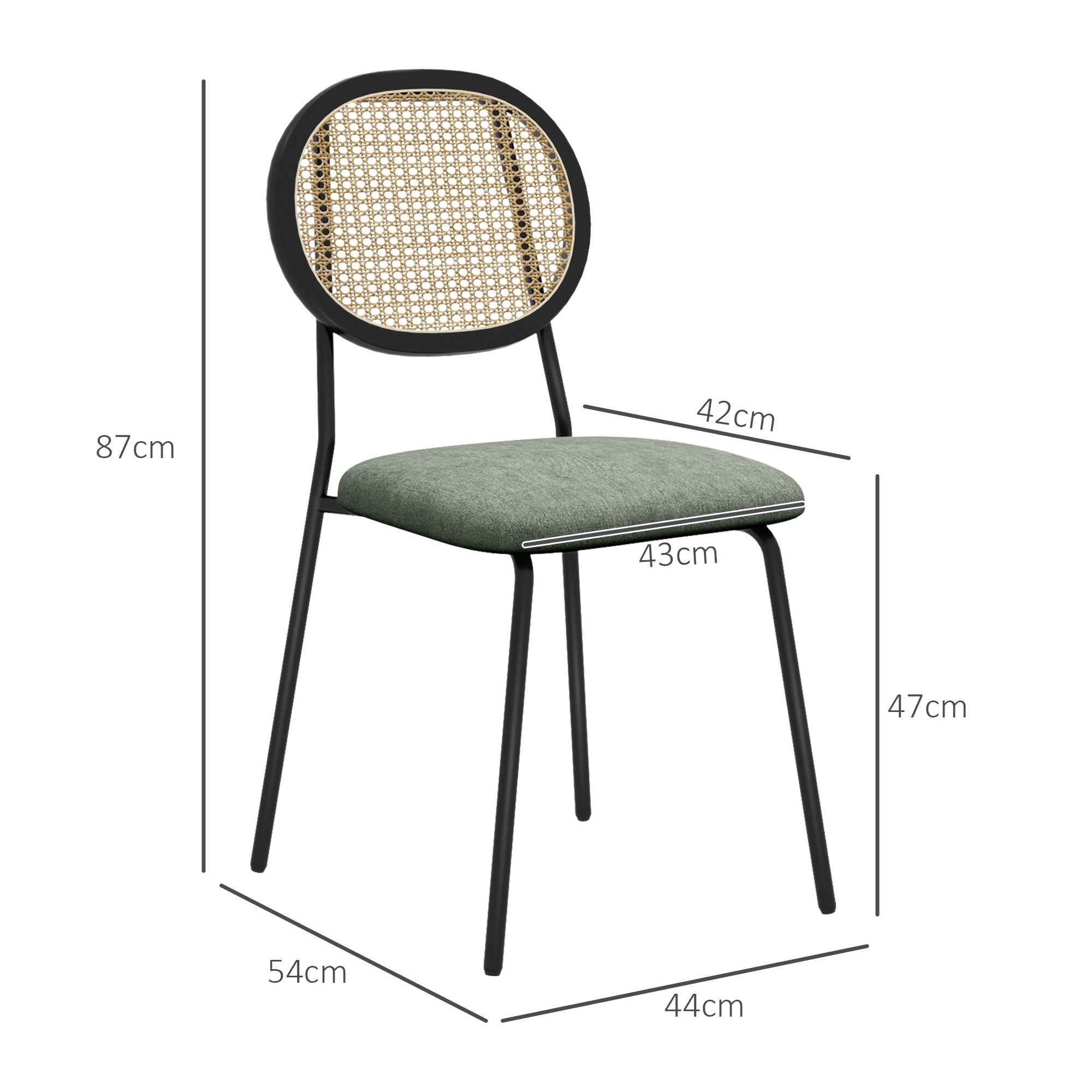 HOMCOM Pack de 2 Sillas de Comedor Sillas de Cocina con Respaldo de Ratán Sintético y Marco de Acero para Salón 44x54x87 cm Verde Oscuro y Negro