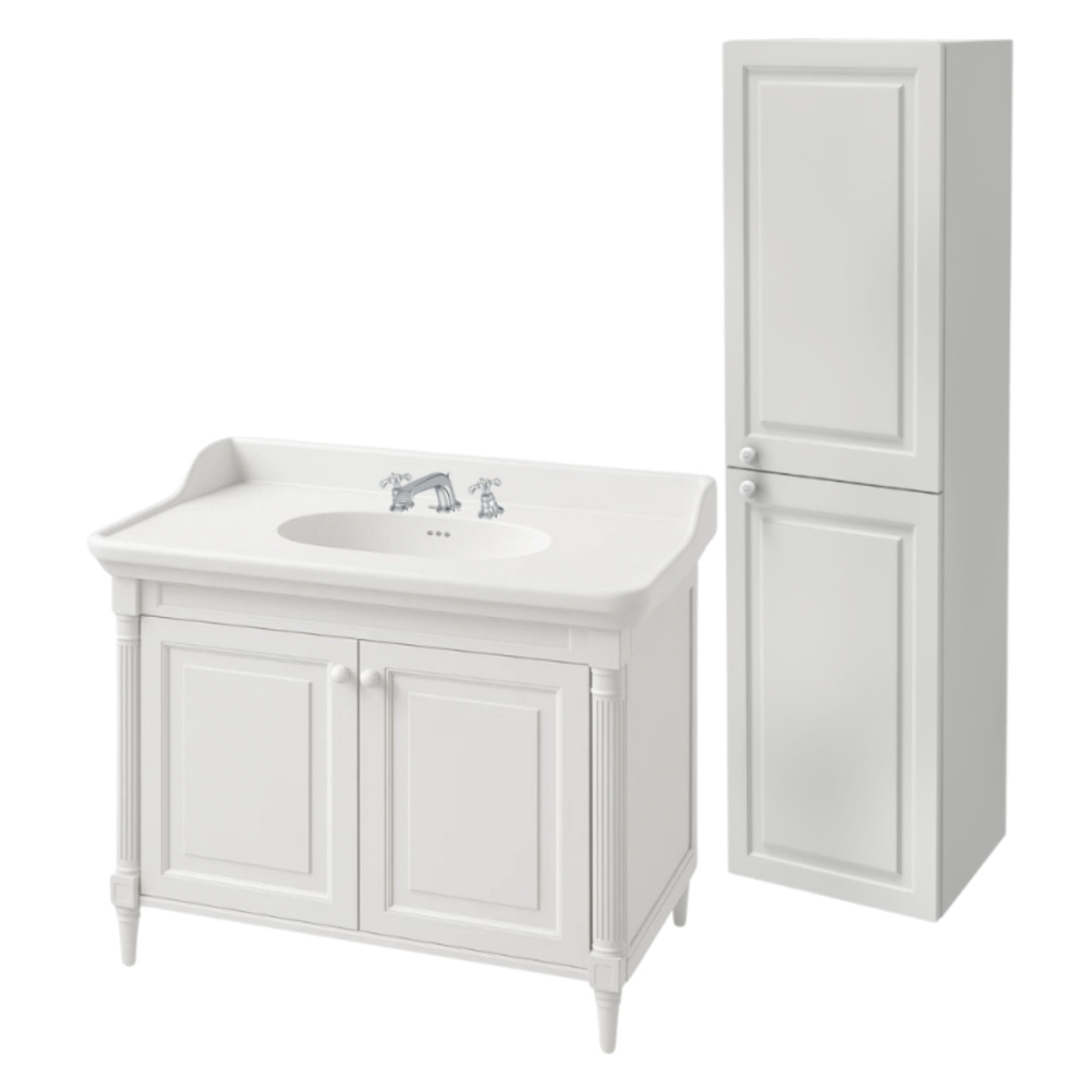 Pack meuble vasque 3 trous Cléo 1889 blanc velours + colonne droite + mélangeur croisillons chrome