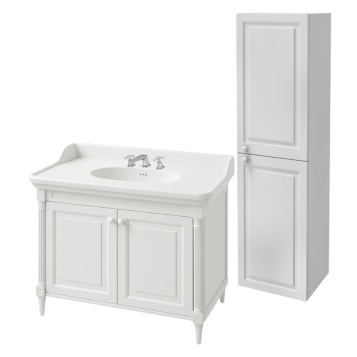Pack meuble vasque 3 trous Cléo 1889 blanc velours + colonne droite + mélangeur croisillons chrome