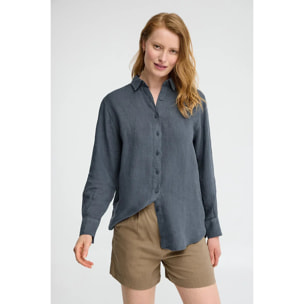 Camisa azul denim de lino con corte relajado y bordado Polo Club