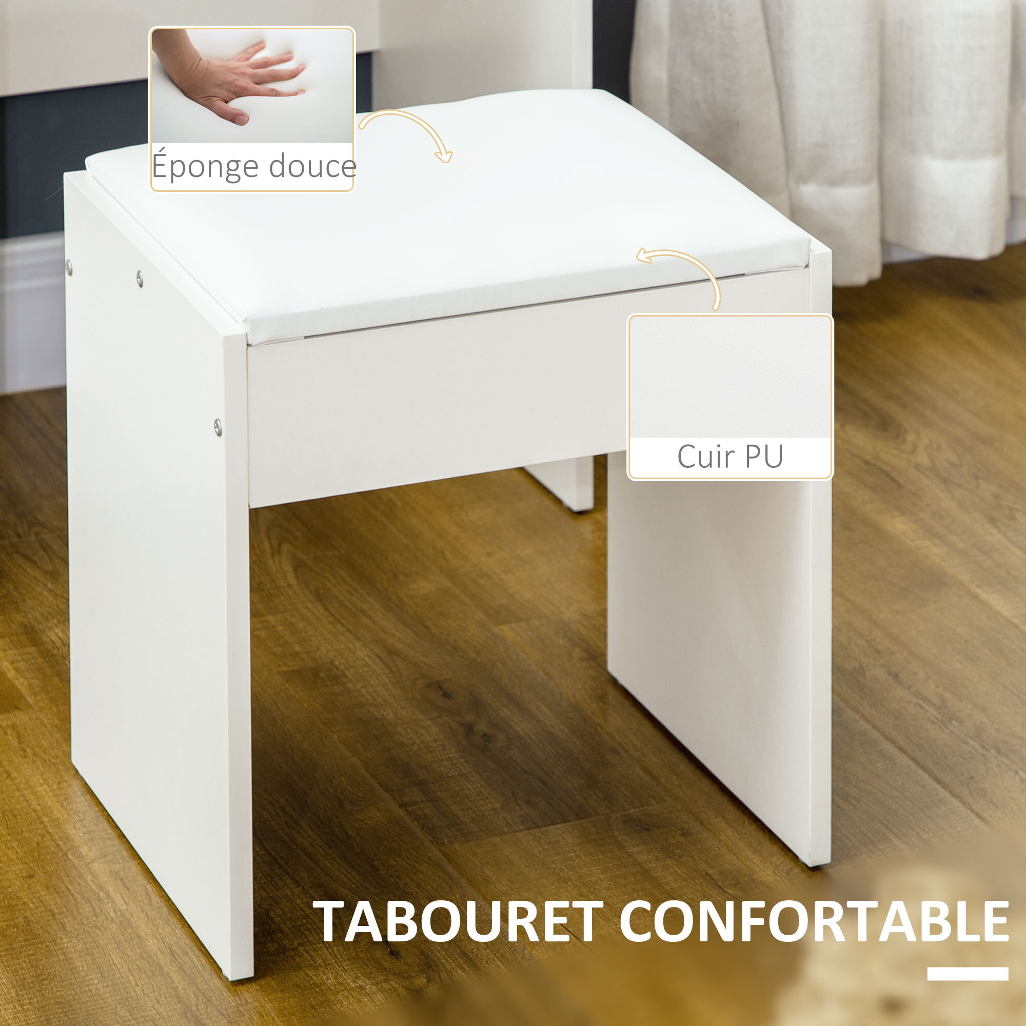 Ensemble coiffeuse tabouret design contemporain multi-rangement 4 tiroirs 4 étagères grand miroir blanc