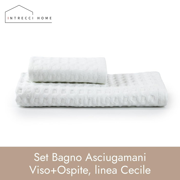 INTRECCI HOME Set Bagno Asciugamani Viso+Ospite, in Puro Cotone 300 g, Leggerezza e Praticità, con Lavorazione Nido d’Ape, Ideale per Asciugatura Rapida