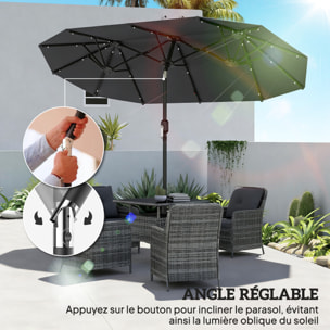 Parasol de jardin double 3 x 1,5 m éclairage solaire polyester gris