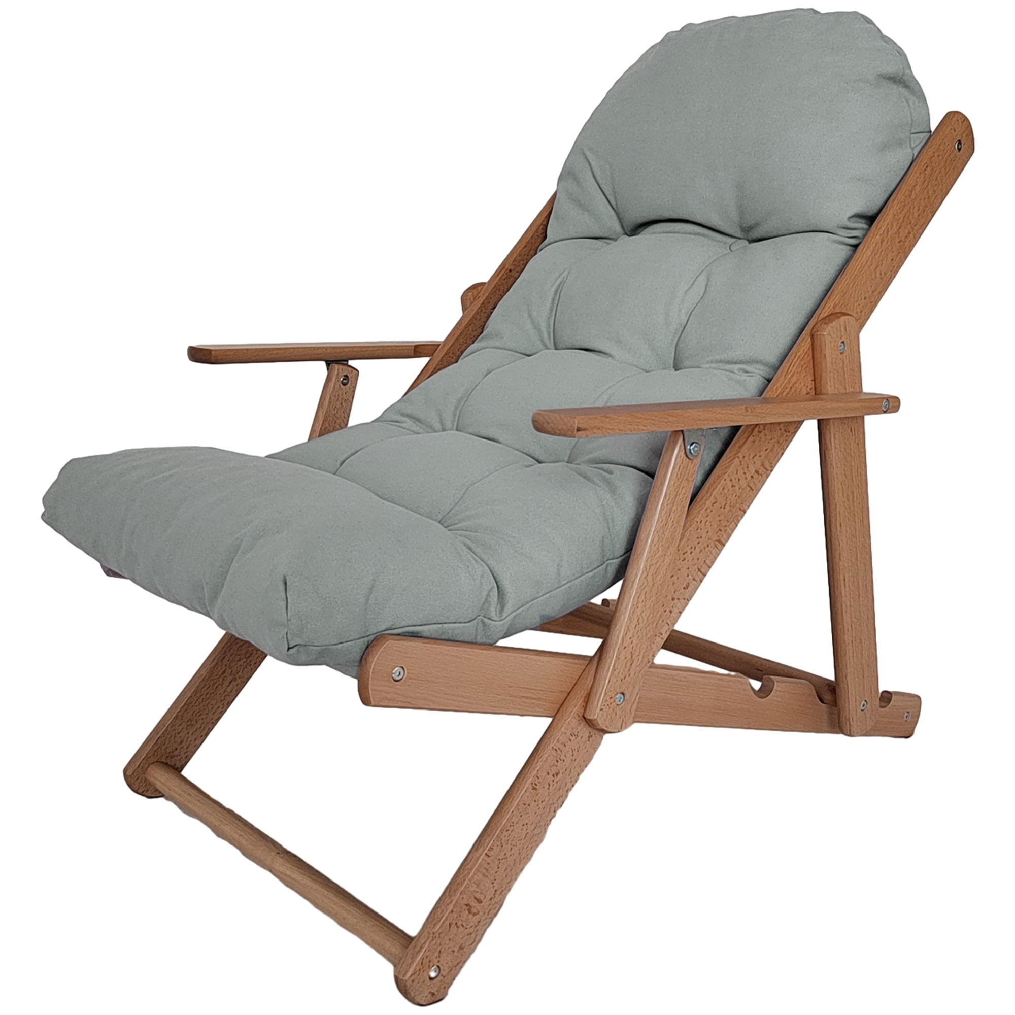 Fauteuil chaise pliable et inclinable en bois grand confort avec coussin capitonné épais - dim. 71I x 89P x 96H cm - gris