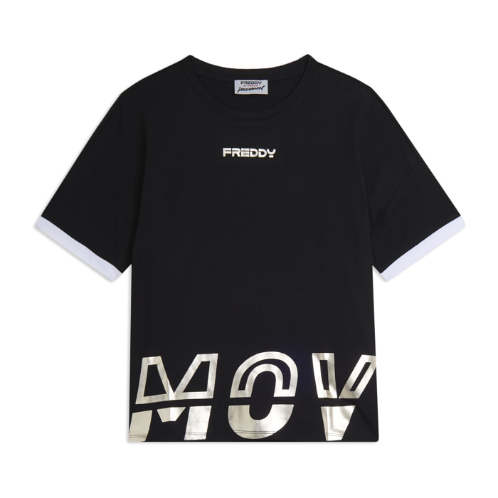 T-shirt con stampa MOV perlata e dettagli a contrasto