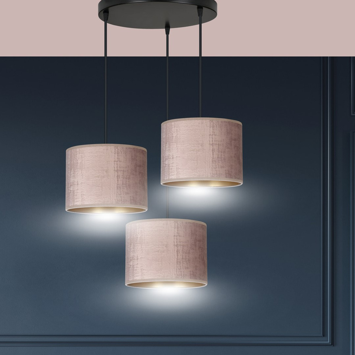 Set di lampade a sospensione Hilde in acciaio e velluto rosa