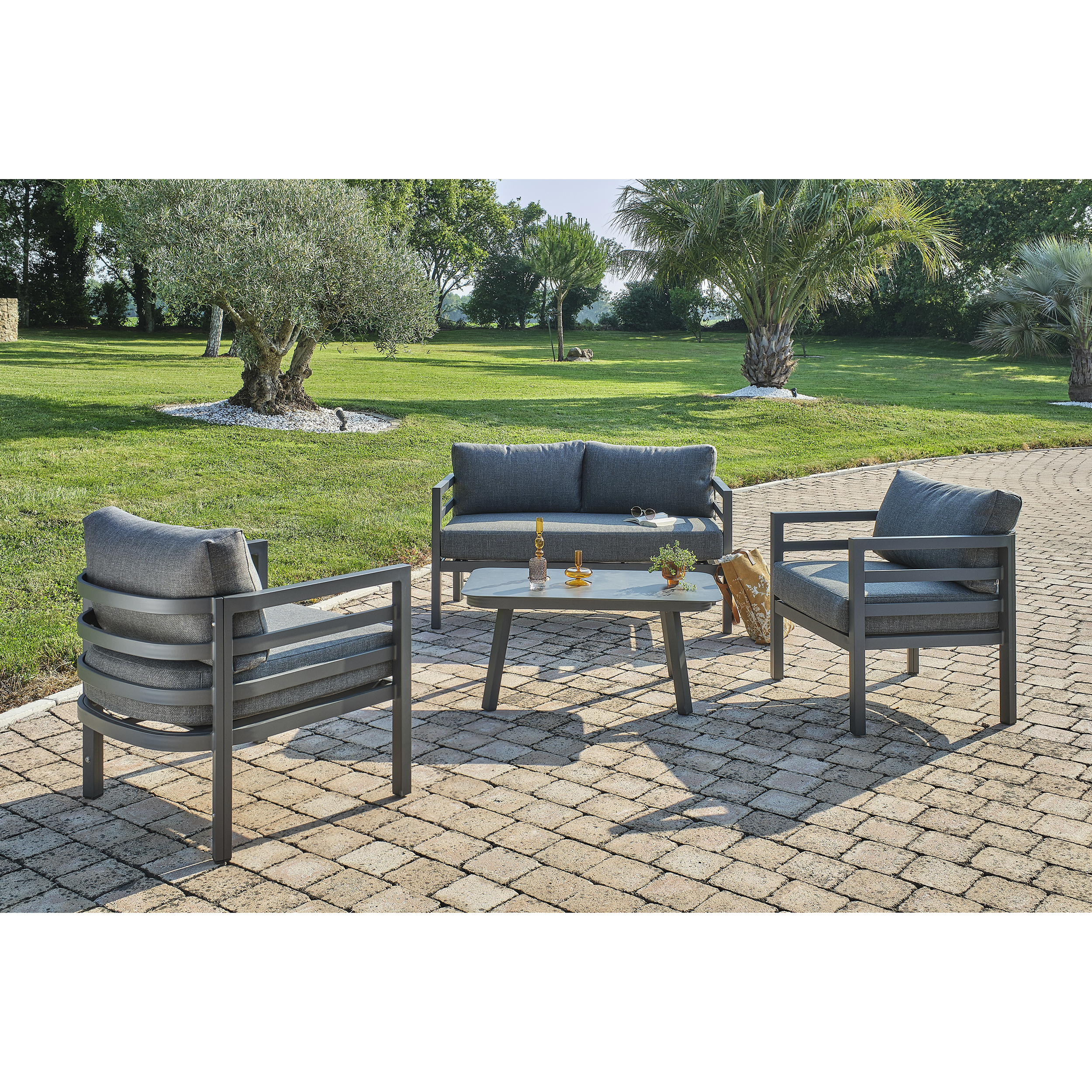 LISBONNE - Salon de jardin 4 places en aluminium gris anthracite