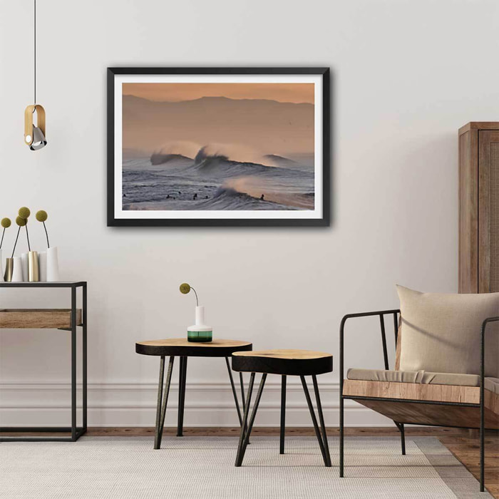 Affiche photo plage hossegor mouettes au pic Affiche + cadre en bois - Noir