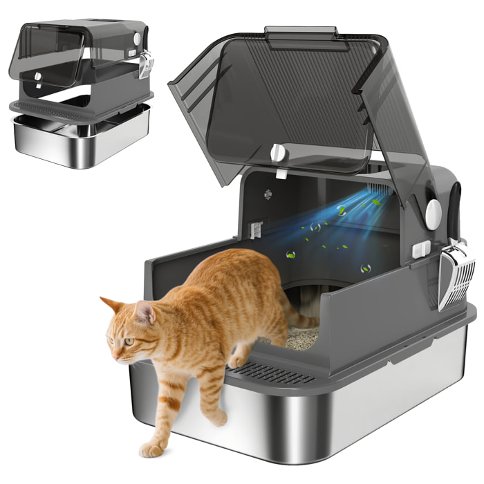 Arenero para Gatos de Acero Inoxidable XXL, Caja de Arena para Gatos Grandes, Arenero con Tapa Abatible, Laterales Altos, Entrada Superior, Pala, sin Olores, Fácil de Limpiar, Antifugas, Negro