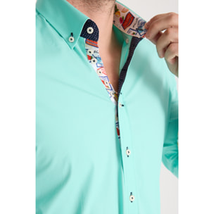 Camicia Uomo 1 Bottoni Button Down Slim Popeline Stretch Unito Verde Acqua