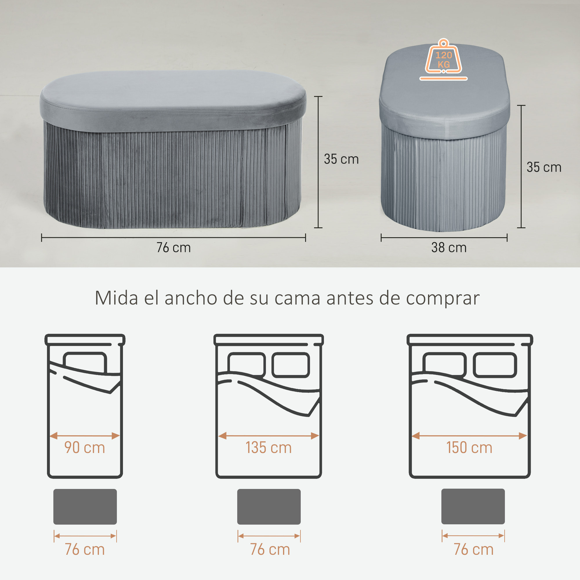 Puff Almacenaje, Banco Almacenaje Plegable, 72 L, 76x38x35 cm, Tapizado en Terciopelo, Baúl de Almacenamiento, Carga 120 kg, Taburete para Sala de Estar, Dormitorio, Entrada, Gris Oscuro