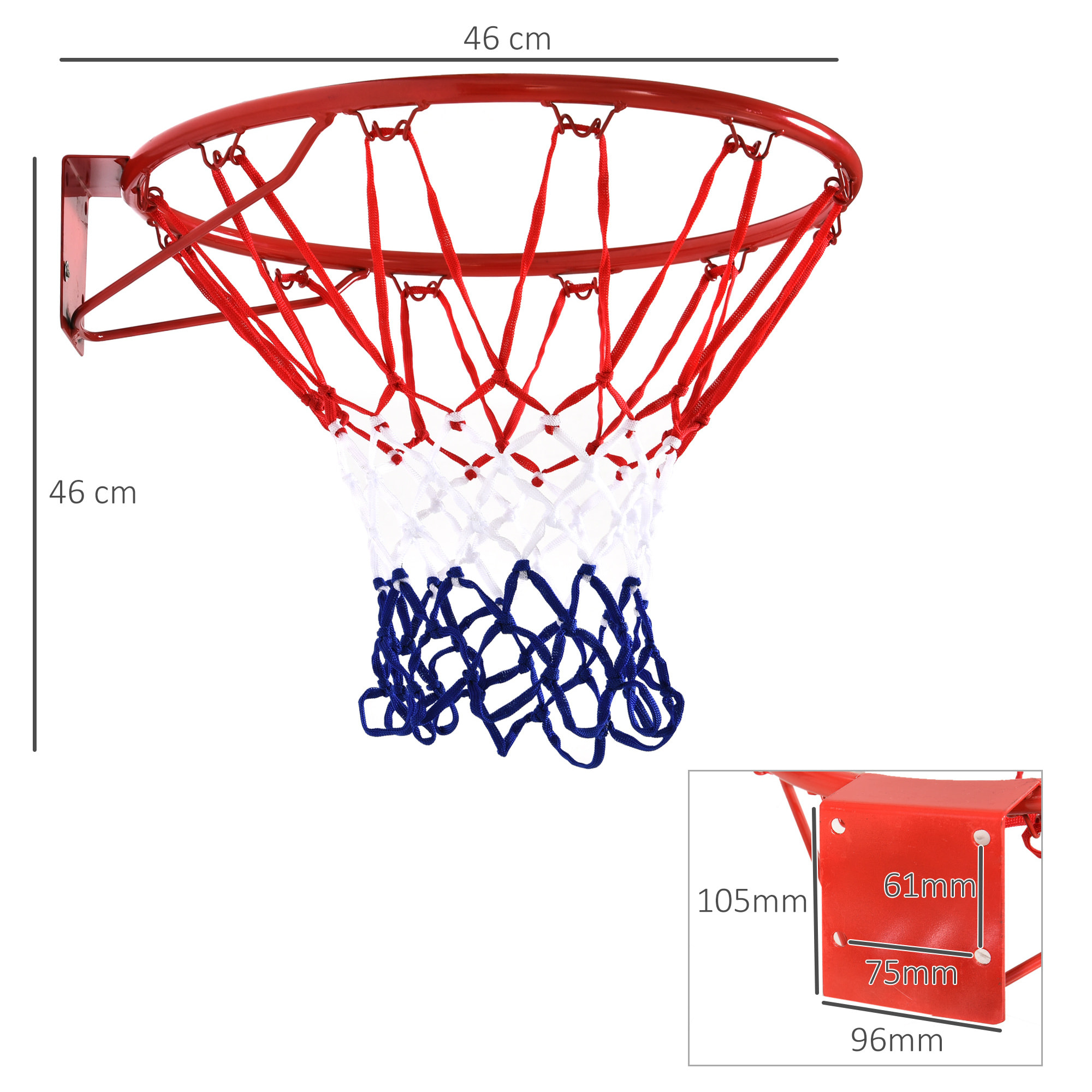 Canasta de Baloncesto de Pared Ø46 cm Aro de Baloncesto con Red de Baloncesto Marco Metálico y 12 Ganchos para Interior y Exterior Rojo