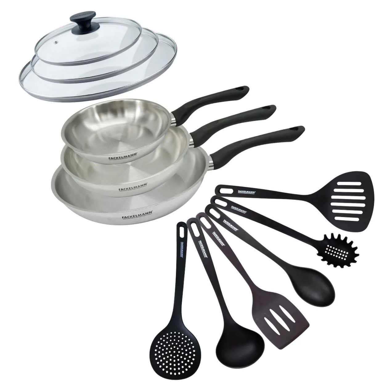 Set 3 poêles 20 24 et 28 cm en inox, couvercles verre et 6 ustensiles Fackelmann Geneva