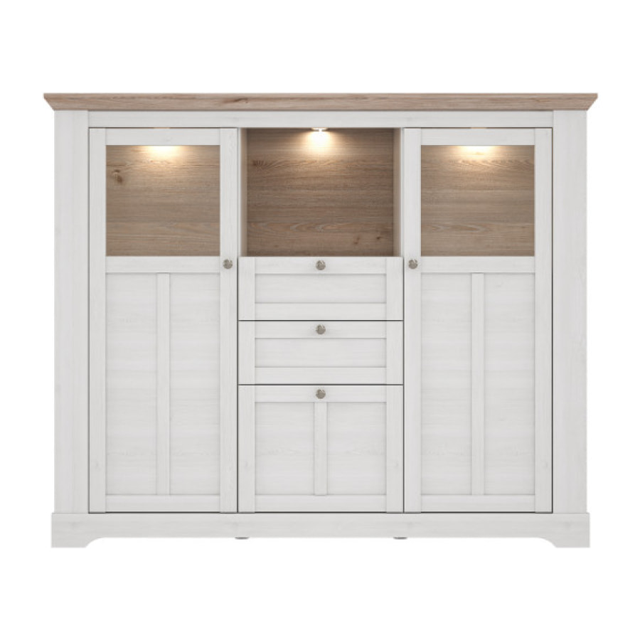 Buffet vitrine en bois effet chêne clair blanchi avec éclairage LED - ILONA