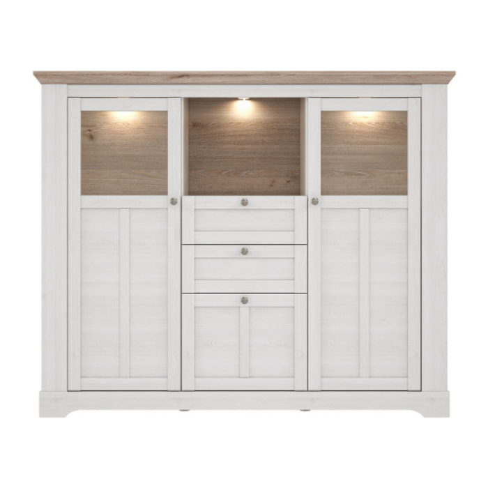 Buffet vitrine en bois effet chêne clair blanchi avec éclairage LED - ILONA