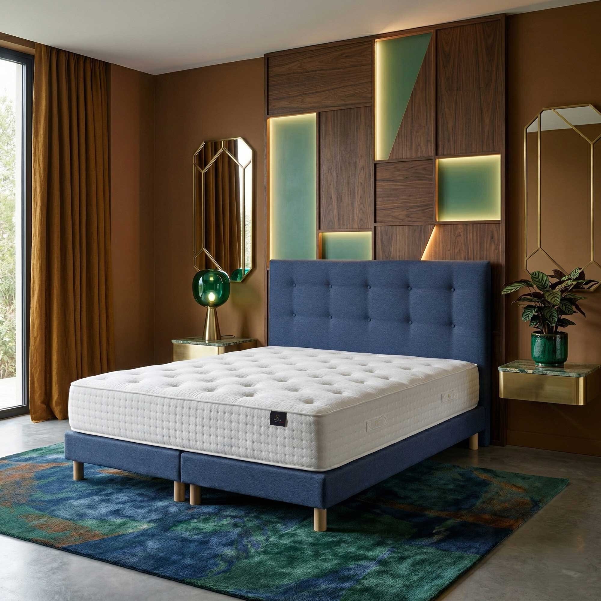 Ensemble matelas ressorts HÉLIOS, mémoire de forme, H31 cm, sommier et tête de lit bleu