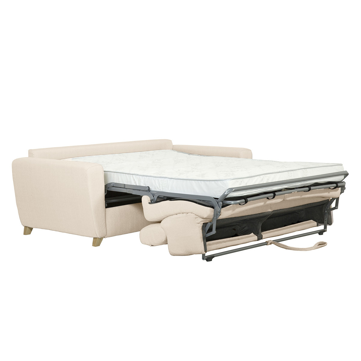 Canapé convertible avec têtières ajustables 3 places en tissu beige et bois clair avec matelas 13 cm GOYA