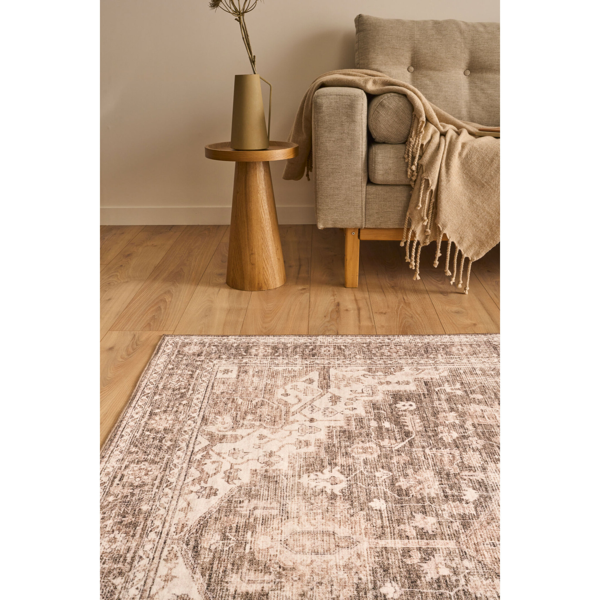 OTTOMAN - Tapis à poils courts doux à motif vintage beige