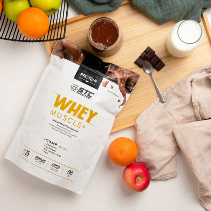 STC NUTRITION - Whey Muscle+ - Protéines Natives - Développement Muscle Sec - Innovation Brevetée Aminolise 100% Digeste - Sans Colorants, Sans Gluten - Chocolat -  Lot de 2 Doypack 750g