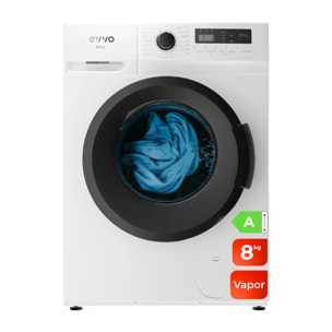 EVVO Lavadora 8 kg carga frontal Terra 8, 1350 rpm, Clase energética A, Motor Inverter, 15 programas, Lavado Rápido 15', Función vapor Steam Wash, Inicio diferido, Blanco