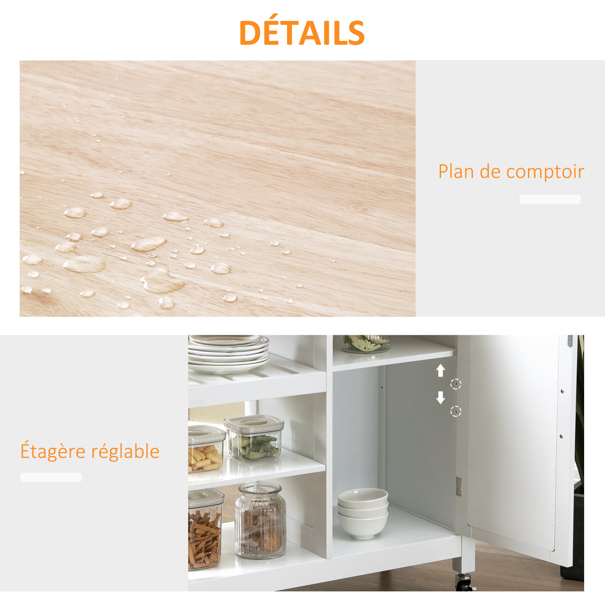 Desserte de cuisine style contemporain - porte, tiroir, 3 étagères - poignées métal MDF blanc plateau bois pin