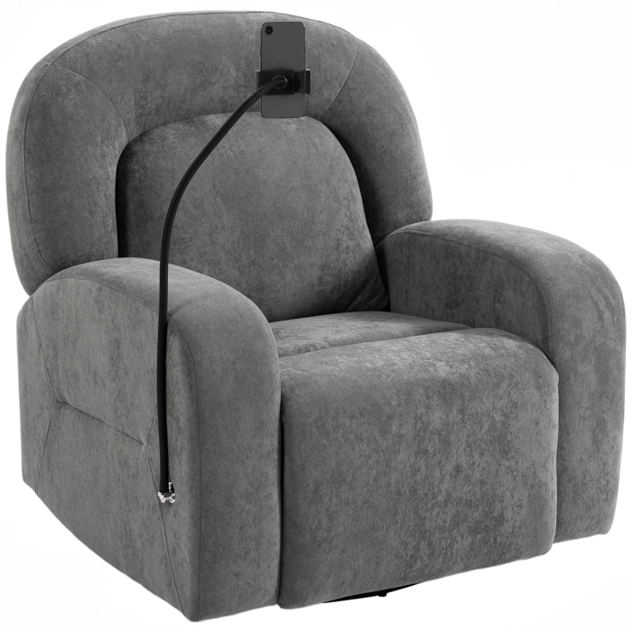 HOMCOM Sillón Relax Reclinable 3 en 1, Sillón Relax con Función Mecedora, Giratorio 360°, Soporte para Teléfono, Asiento Amplio, Respaldo Ancho, Tapizado en Terciopelo, Gris