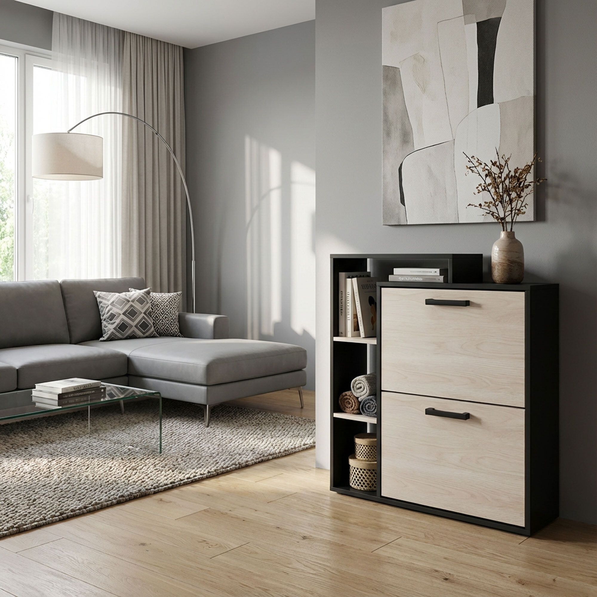 Sena - Scarpiera Salvaspazio 2 Ante 80x90x24,5 cm 12 Paia con Mensole e Ripiano Svuotatasche in Legno Nero