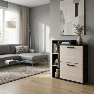 Sena - Scarpiera Salvaspazio 2 Ante 80x90x24,5 cm 12 Paia con Mensole e Ripiano Svuotatasche in Legno Nero