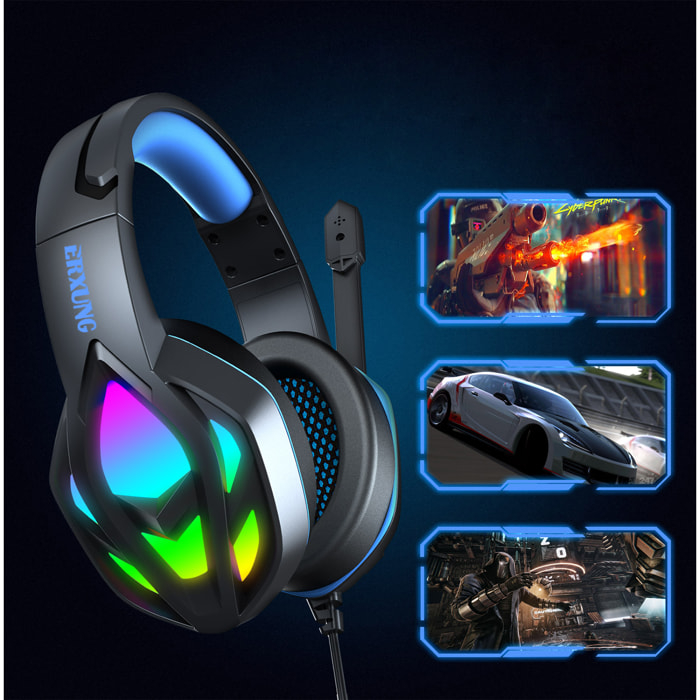 Cuffie premium ultra flessibili H1003. 10 luci RGB COMPLETE. Cuffie da gioco con connessione micro, minijack per PC, laptop, PS4, Xbox One, cellulare, tablet.