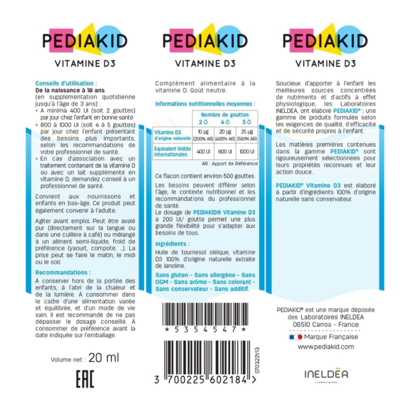 PEDIAKID - Vitamine D3 100% d'origine naturelle - Renforcement des défenses naturelles - Dès la naissance - Couvre 200% des apports journaliers recommandés - Flacon de 20ml