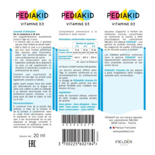 PEDIAKID - Vitamine D3 100% d'origine naturelle - Renforcement des défenses naturelles - Dès la naissance - Couvre 200% des apports journaliers recommandés - Flacon de 20ml
