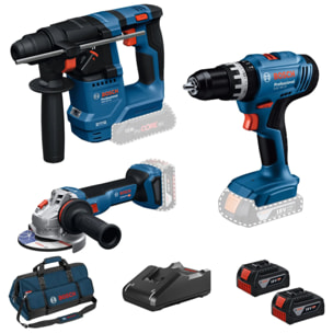 COMBO KIT 3 OUTILS : Perceuse Visseuse à percussions sans fil GSB 18V-25 + Marteau perforateur sans fil GBH 18V-18 + Meuleuse angulaire sans fil GWS 18V-8 + batteries GBA 2 x4,0Ah + chargeur GAL 18V-40 - SAC - BOSCH - 0615A500AG