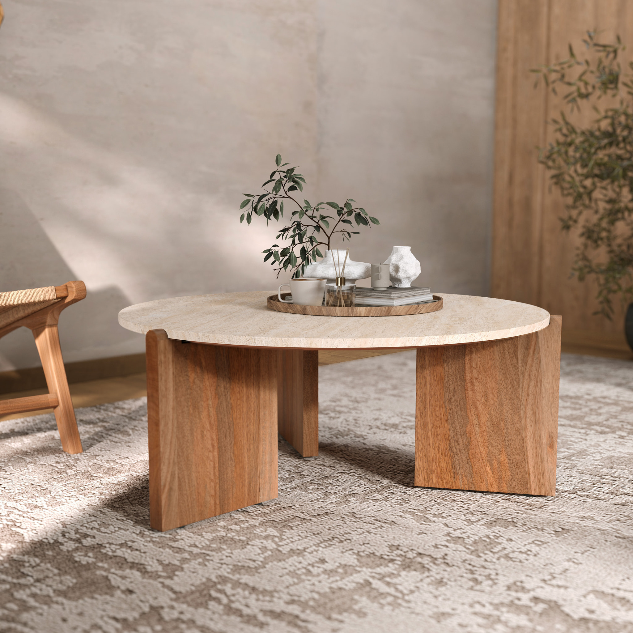 Table basse en travertin et bois D85 cm - Sierra