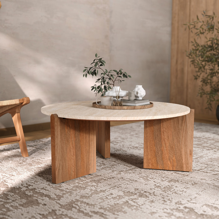 Table basse en travertin et bois D85 cm - Sierra