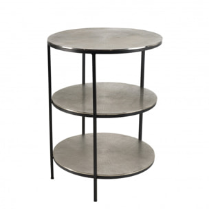 JONAS - Table d'appoint ronde 3 niveaux aluminium argenté et noir pieds métal