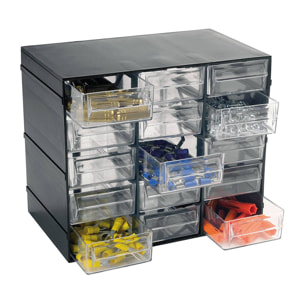 Cassettiera portaminuteria a 15 cassetti, Organiser portaoggetti con cassetti trasparenti, 100% Made in Italy, cm 23x14h19, colore Nero