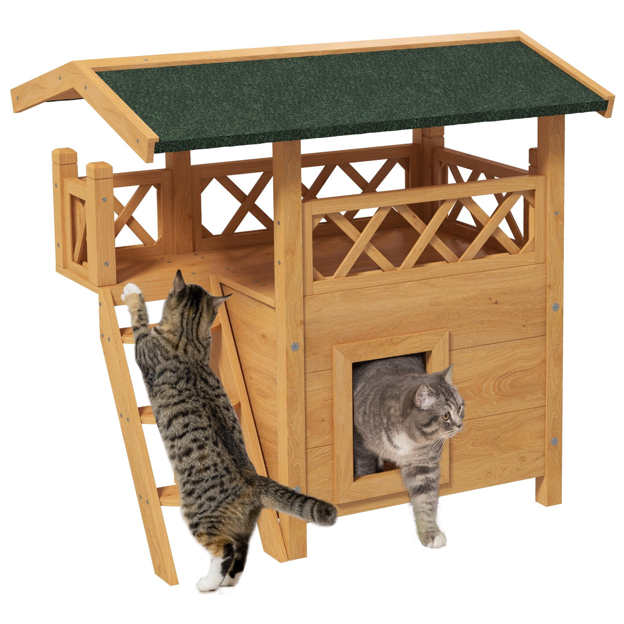 Casa para Gatos de Madera 77x50x73 cm Caseta para Gatos de 2 Niveles Refugio para Gatos con Techo Asfáltico Escalera y Balcón para Exterior Natural