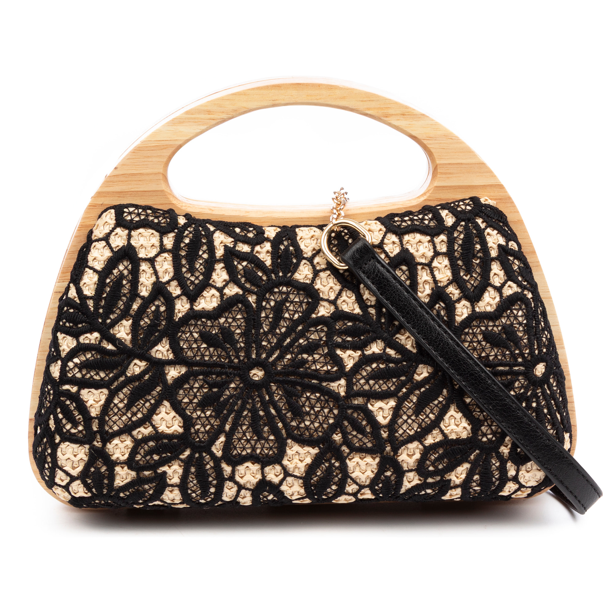 Ausa bolso de mano fabricado en madera natural, con papel trenzado y jute diseño malla de tejido floral